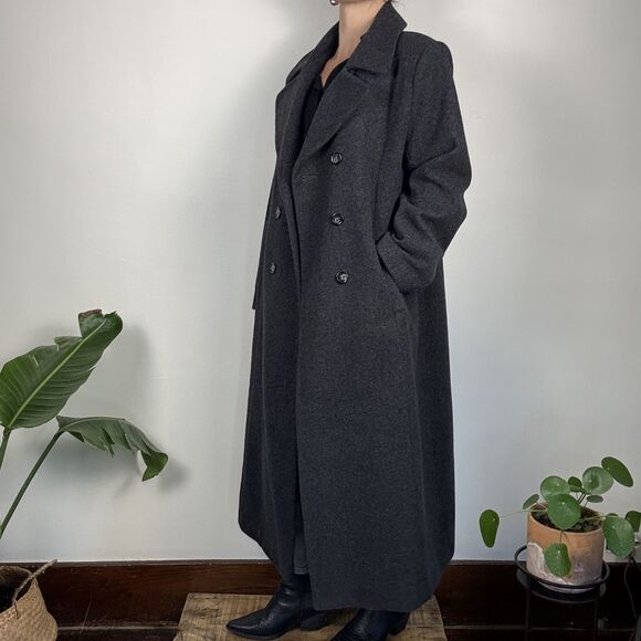 Vintage 80s Adolfo Studio Charcoal Wool Double-Breasted Winter Trench Overcoat - Picture 12 of 13